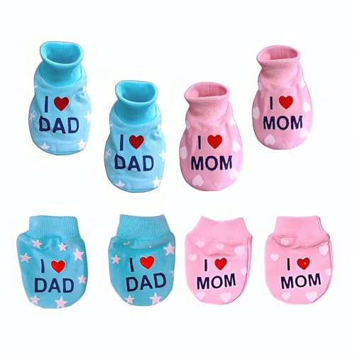 CUTEABLY Cotton Scratch Mittens And Booties for Baby Boys And Girls Newborn, 0-6 Months, Hand Gloves With socks, I Love Mom and Dad Print (pack of 2 Set) - Image 1