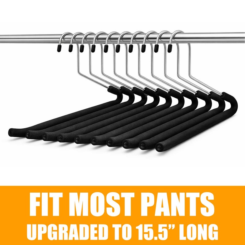 HUJI [Upgraded Reversed Hook] HUJI Extra Long Heavy Duty Open Ended Ergonomic Easy Slide Non-Slip Wrinkle Free Foam Coated Metal Pants Hangers Trouser Organizers (10 Pieces Set) - Image 2
