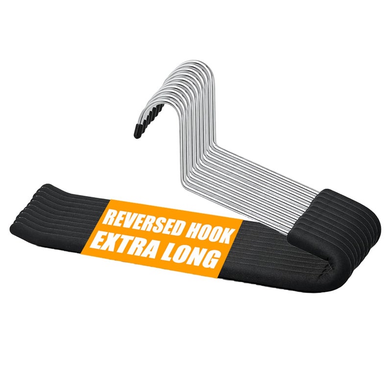 HUJI [Upgraded Reversed Hook] HUJI Extra Long Heavy Duty Open Ended Ergonomic Easy Slide Non-Slip Wrinkle Free Foam Coated Metal Pants Hangers Trouser Organizers (10 Pieces Set) - Image 1