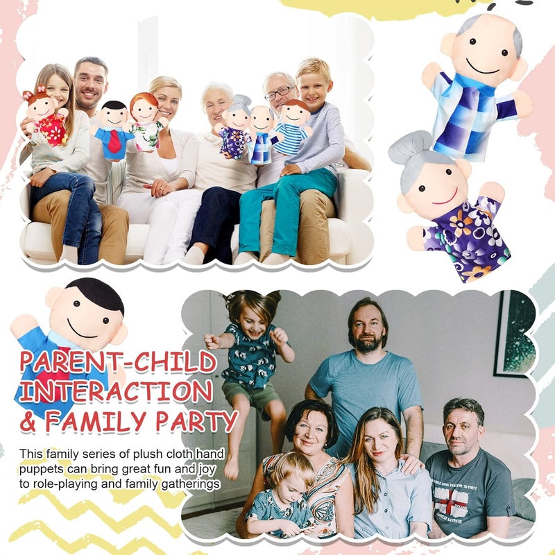 Jerify 6 قطع دمى يد عائلية ناعمة من القماش، أعضاء عائلة لطيفة، ألعاب يدوية للمعلمين والآباء والعروض ووقت القصص واللعب في المدارس، الأجداد، الأم، الأب، الأخ، الأخت - Image 5