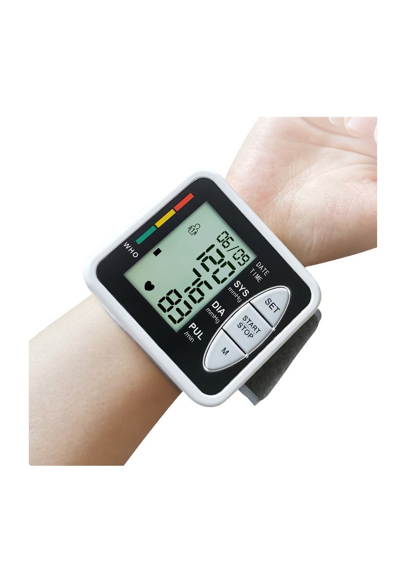 REALBLAD - Electronic Blood Pressure Monitor: Battery-powered, with an LCD digital display screen, wrist cuff, heart rate and pulse monitor, stores up to 99 readings, features two user modes, and includes voice broadcast (BLACK) - Image 1