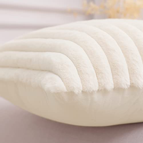 Pallene Faux Fur Plush Lumbar Christmas Throw Pillow Covers 12x20 Set of 2, Luxury Soft Fluffy Striped Decorative Pillow Covers for Sofa, Couch, Living Room, Cream White - Image 4