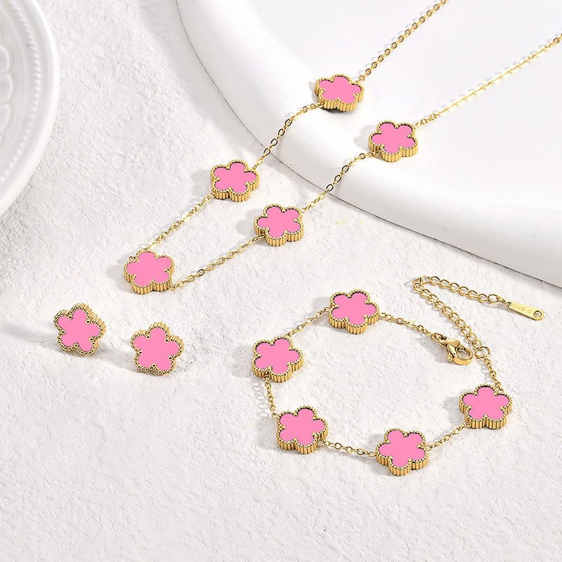 Fly Fei 18K Gold-Plated Four Leaf Clover Bracelet For Women Adjustable Lucky Bracelet Set Jewelry Gift-Hypoallergenic Charm For Birthdays  Wellness & Daily Wear(Style07-Pink Set(3Pcs)) - Image 2
