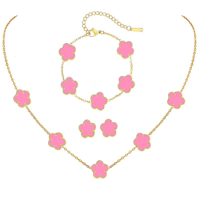 Fly Fei 18K Gold-Plated Four Leaf Clover Bracelet For Women Adjustable Lucky Bracelet Set Jewelry Gift-Hypoallergenic Charm For Birthdays  Wellness & Daily Wear(Style07-Pink Set(3Pcs)) - Image 1