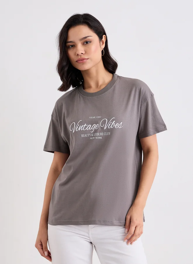 Styli Styli Embroidered Slogan Boxy Fit T-Shirt