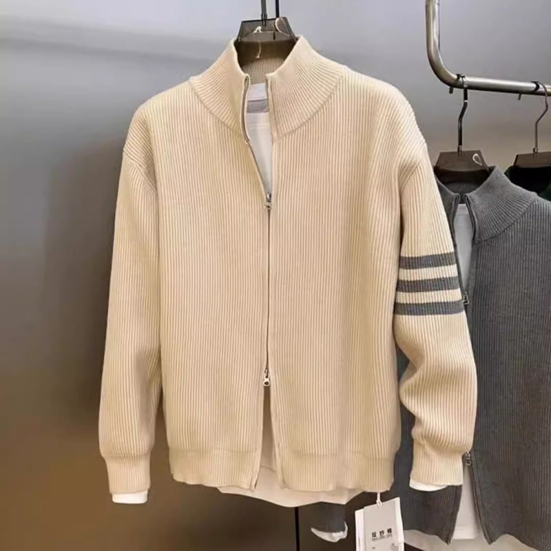 Classic Four Bars Knitted Jacket Open Cardigan Spring Autumn Versatile Fashion Trend Mens Jacket Top Thickened Long Sleeve V-neck Black  - Image 2