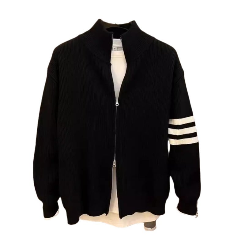 Classic Four Bars Knitted Jacket Open Cardigan Spring Autumn Versatile Fashion Trend Mens Jacket Top Thickened Long Sleeve V-neck Black  - Image 5