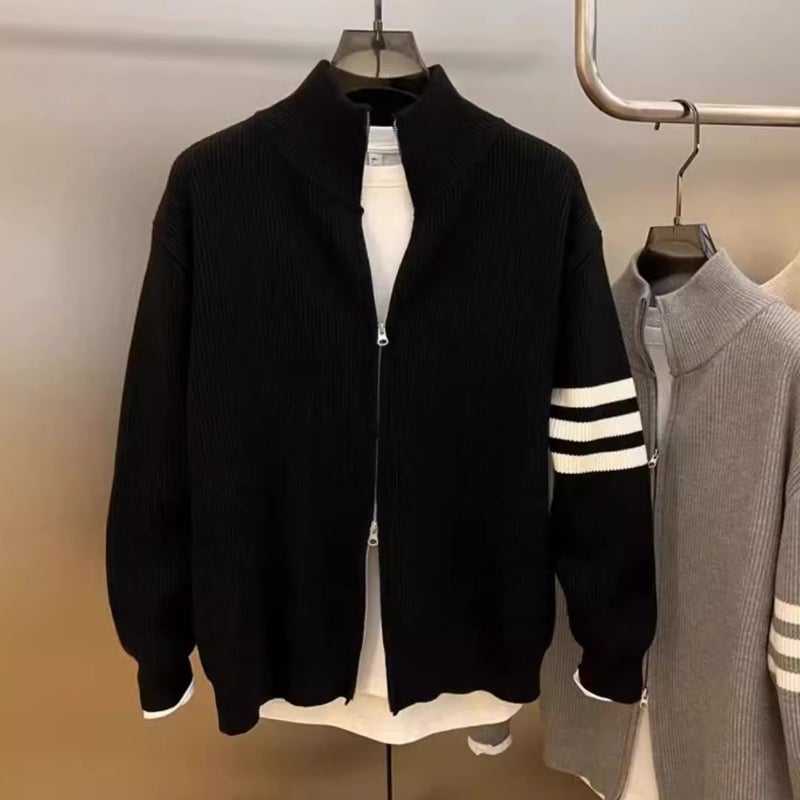 Classic Four Bars Knitted Jacket Open Cardigan Spring Autumn Versatile Fashion Trend Mens Jacket Top Thickened Long Sleeve V-neck Black  - Image 4