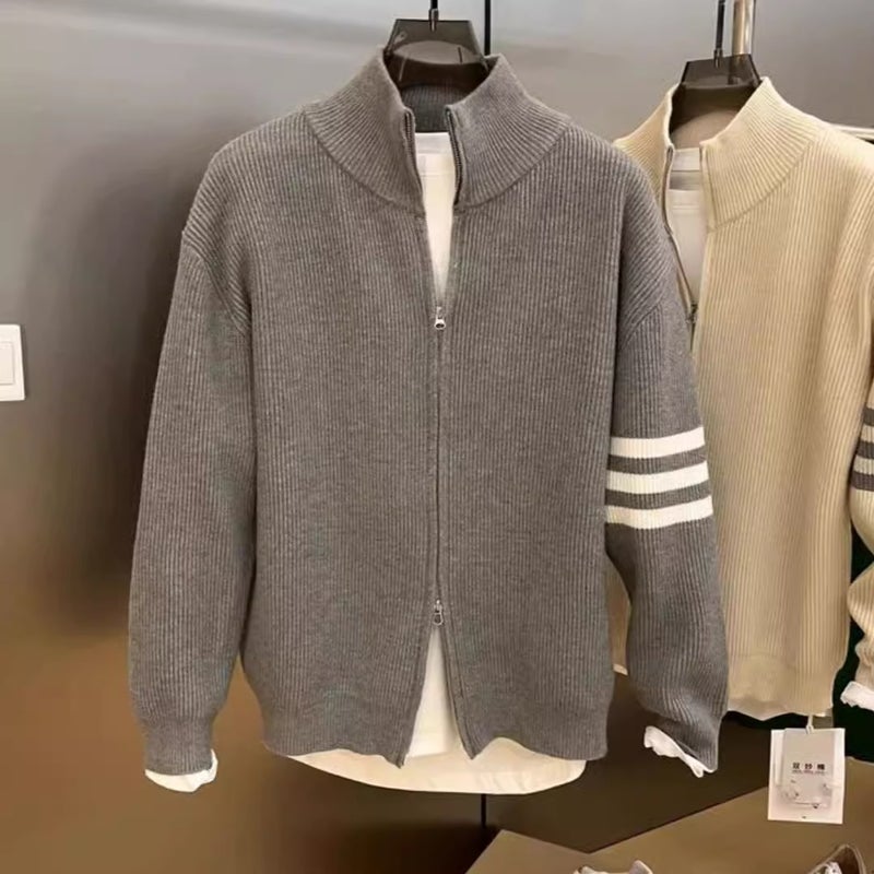 Classic Four Bars Knitted Jacket Open Cardigan Spring Autumn Versatile Fashion Trend Mens Jacket Top Thickened Long Sleeve V-neck Black  - Image 3