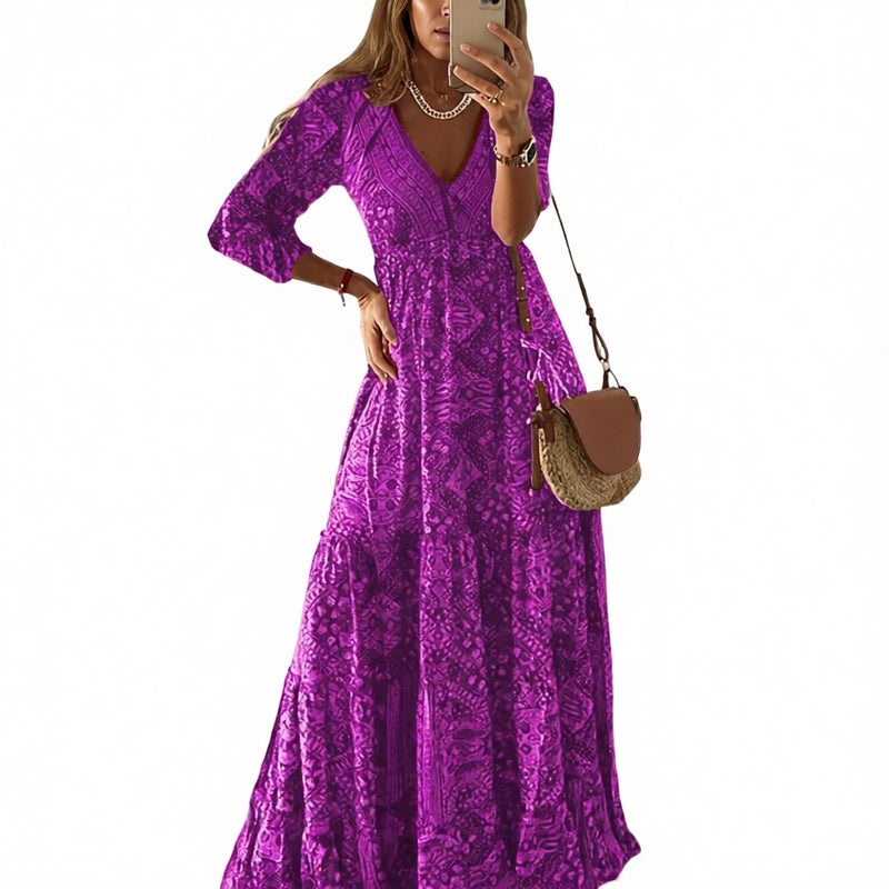 Bohemian Style Midi Dress with V-Neck, Three-Quarter Sleeves and High Waist Floral Print - Image 4