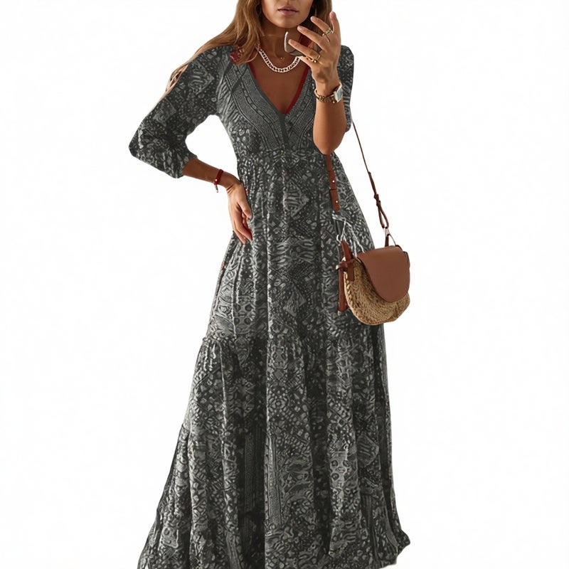 Bohemian Style Midi Dress with V-Neck, Three-Quarter Sleeves and High Waist Floral Print - Image 2