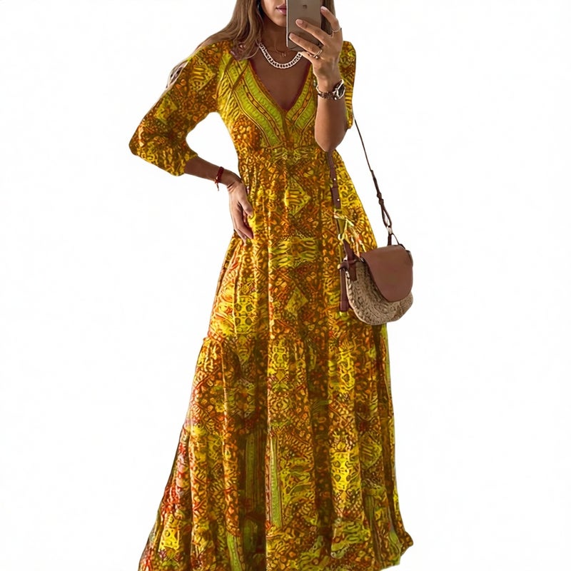 Bohemian Style Midi Dress with V-Neck, Three-Quarter Sleeves and High Waist Floral Print - Image 5