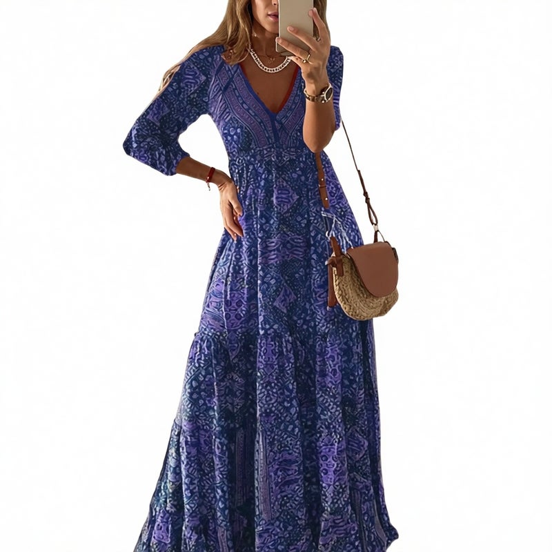 Bohemian Style Midi Dress with V-Neck, Three-Quarter Sleeves and High Waist Floral Print - Image 3