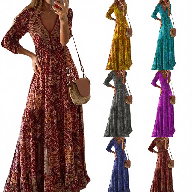 Bohemian Style Midi Dress with V-Neck, Three-Quarter Sleeves and High Waist Floral Print - Image 1