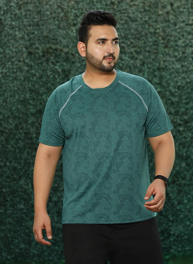 انستافاب بلس Instafab Plus Men's Green Abstract-Imprint Activewear T-Shirt For Casual Wear | Round Neck | Short Sleeves | Pull On Closure | Plus Size Jersey T-Shirt Crafted With Comfort Fit For Everyday Wear