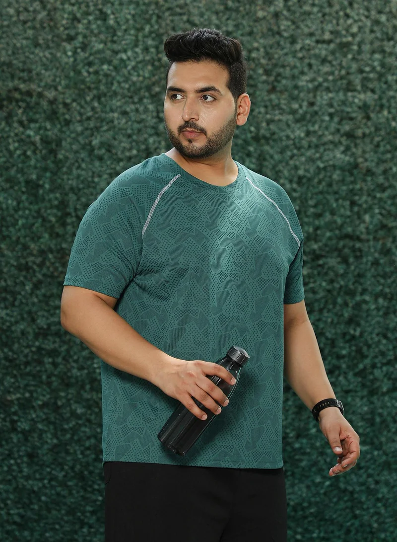 انستافاب بلس Instafab Plus Men's Green Abstract-Imprint Activewear T-Shirt For Casual Wear | Round Neck | Short Sleeves | Pull On Closure | Plus Size Jersey T-Shirt Crafted With Comfort Fit For Everyday Wear
