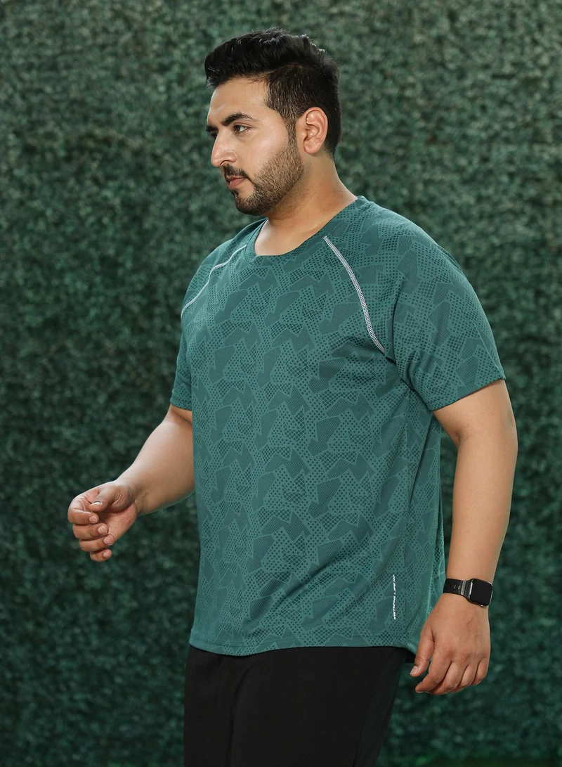 Instafab Plus Instafab Plus Men's Green Abstract-Imprint Activewear T-Shirt For Casual Wear | Round Neck | Short Sleeves | Pull On Closure | Plus Size Jersey T-Shirt Crafted With Comfort Fit For Everyday Wear