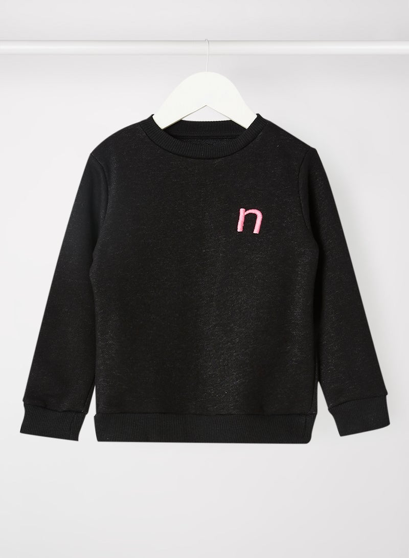 نيون  فتيات رقبة مستديرة قميص طويل الأكمام أسود