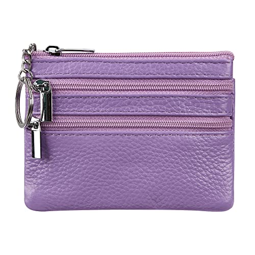 Cynure Women's Genuine Leather Coin Purse Mini Pouch Change Wallet with Keychain, Lavander - Image 1