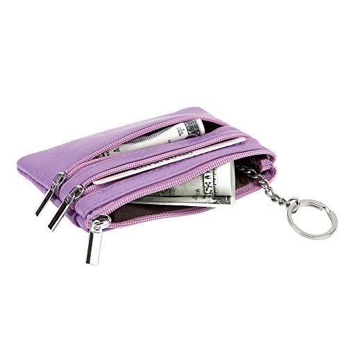 Cynure Women's Genuine Leather Coin Purse Mini Pouch Change Wallet with Keychain, Lavander - Image 3