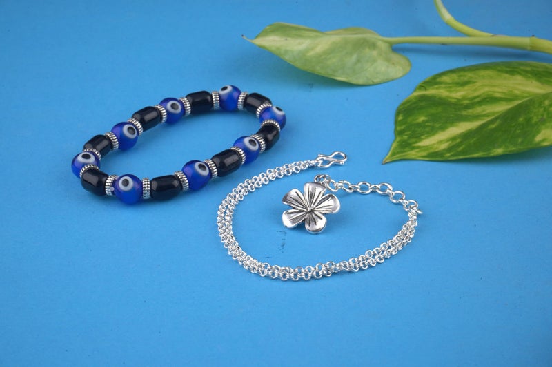 JFL JFL - Jewellery for Less Handmade Combo of Couple Pair Silver Plated Charm and Blue Evil Eye Unisex Stretchable Bracelet for Couple,Valentine  - Image 2