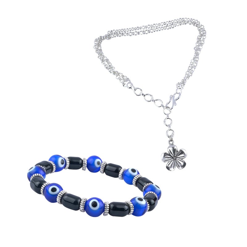 JFL JFL - Jewellery for Less Handmade Combo of Couple Pair Silver Plated Charm and Blue Evil Eye Unisex Stretchable Bracelet for Couple,Valentine  - Image 4