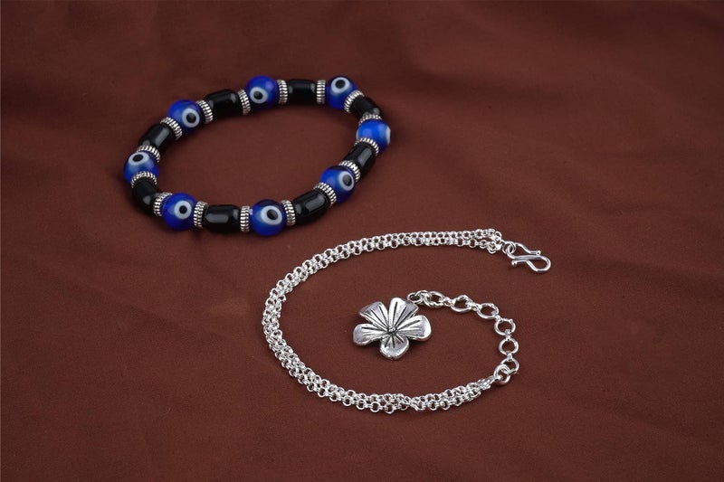 JFL JFL - Jewellery for Less Handmade Combo of Couple Pair Silver Plated Charm and Blue Evil Eye Unisex Stretchable Bracelet for Couple,Valentine  - Image 3