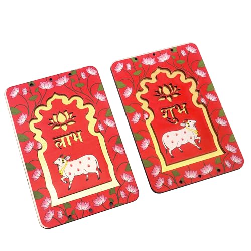 ProKart MDF 3 Inch Lotus & Cow Shubh Labh for Door Entrance | Cow Shubh Labh hangings for Puja Return Gifts | Decorative Hangings for Navratri & Diwali Décor (Lotus Cow - Red 1 Pair) - Image 4