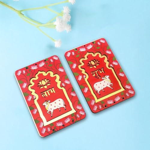 ProKart MDF 3 Inch Lotus & Cow Shubh Labh for Door Entrance | Cow Shubh Labh hangings for Puja Return Gifts | Decorative Hangings for Navratri & Diwali Décor (Lotus Cow - Red 1 Pair) - Image 3