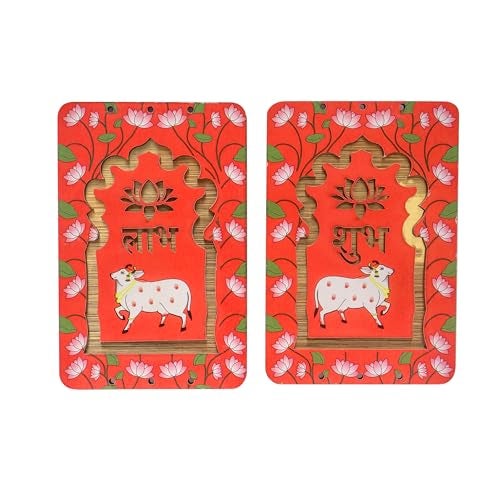 ProKart MDF 3 Inch Lotus & Cow Shubh Labh for Door Entrance | Cow Shubh Labh hangings for Puja Return Gifts | Decorative Hangings for Navratri & Diwali Décor (Lotus Cow - Red 1 Pair) - Image 1