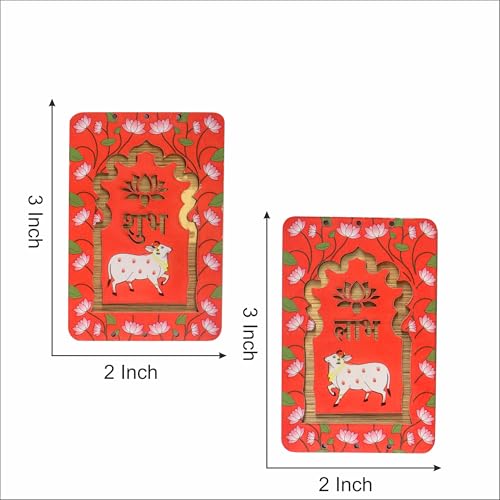 ProKart MDF 3 Inch Lotus & Cow Shubh Labh for Door Entrance | Cow Shubh Labh hangings for Puja Return Gifts | Decorative Hangings for Navratri & Diwali Décor (Lotus Cow - Red 1 Pair) - Image 2