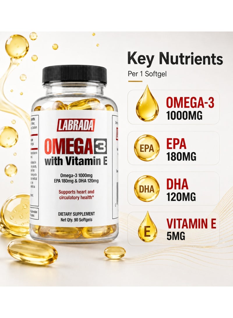 Labrada Omega-3 with Vitamin E 1000mg | EPA 180mg + DHA 120mg | Fish Oil Dietary Supplement | 90 Softgels - Image 3