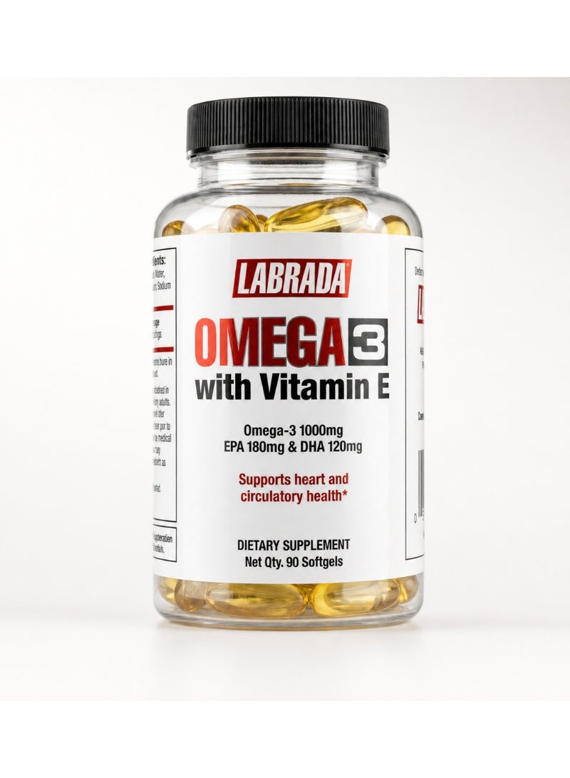 Labrada Omega-3 with Vitamin E 1000mg | EPA 180mg + DHA 120mg | Fish Oil Dietary Supplement | 90 Softgels - Image 1