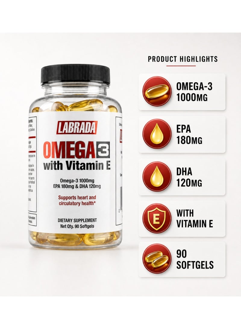 Labrada Omega-3 with Vitamin E 1000mg | EPA 180mg + DHA 120mg | Fish Oil Dietary Supplement | 90 Softgels - Image 2