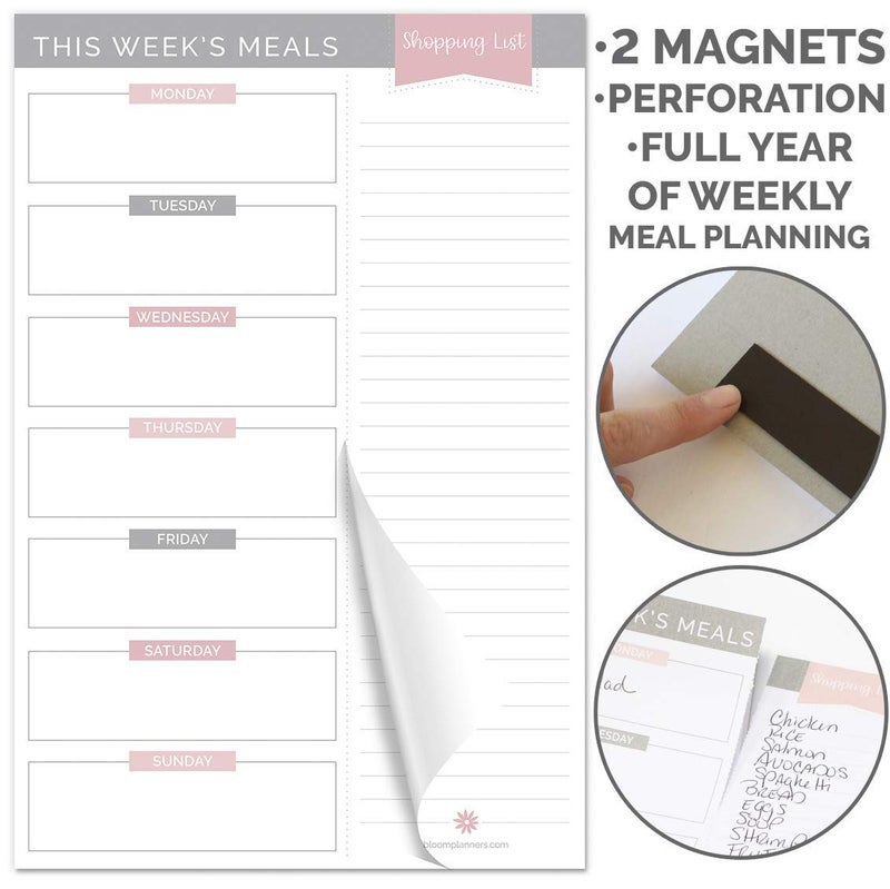bloom daily planners Weekly Meal Planning Pad - Magnetic Hanging Refrigerator Menu Planner with Tear-Off Sheets & Perforated Grocery Shopping Lists - 6â€ x 9â€ (Grey & Pink) - Image 2