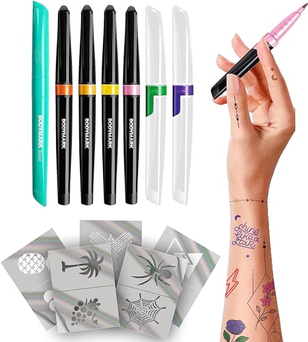 BodyMark Expansion Pack Temporary Tattoo Marker for Skin, Premium Brush Tip, 6 Count Pack of Assorted Colors and Stencils, One Eraser Touch Up Pen, Skin-Safe Temporary Tattoo Markers Set - Image 1