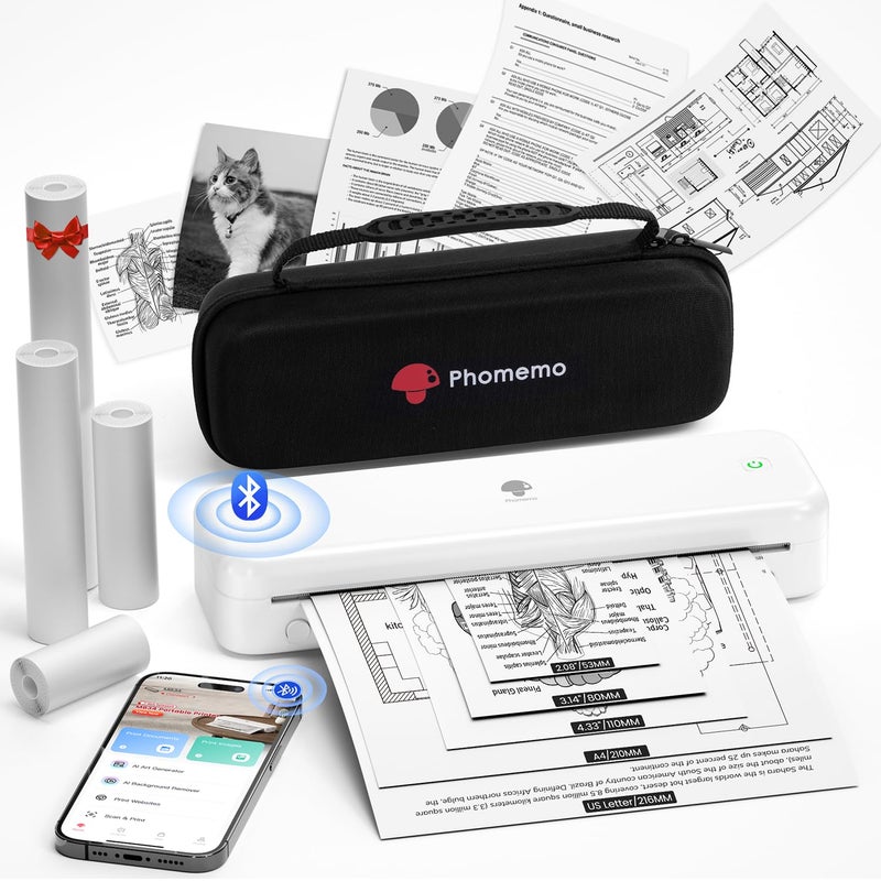 Phomemo Portable Printers Wireless for Travel [Upgraded],M834 Bluetooth Thermal Printer 8.5" x 11"& A4 Size,Inkless Mobile Printer with Carry Case for Travel,Office,School,Car,Home,White - Image 1