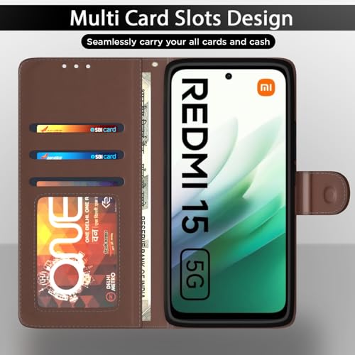 Pikkme Flip Cover for Redmi 15 5G | Leather Finish | Wallet Stand and Shock Proof | Complete Protection Flip Case (Tan) - Image 5