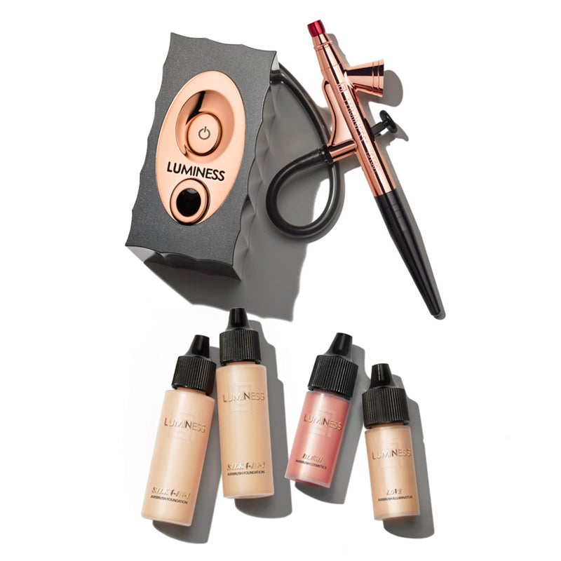 Luminess Air Icon Makeup Airbrush System and 4-Piece Foundation Starter Kit, Medium Coverage - Quick, Easy & Long Lasting Application - Includes Silk 4-In-1 Foundation, Highlighter & Blush