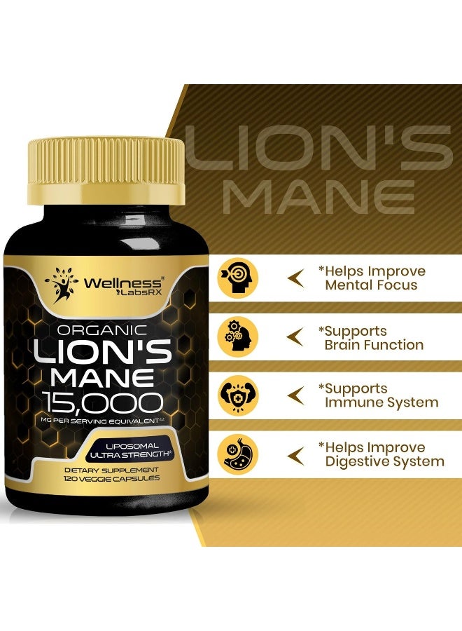 WELLNESS LABSRX Lions Mane Supplement Capsules - 120 Count - Mushroom Supplement, Brain Supplements for Memory and Focus, Lion's Mane Mushroom Capsules Organic - Cognitive and Immune Support, Focus Supplement - Image 3