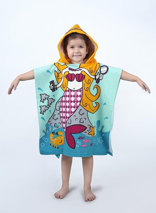Yellow Bee Mermaid Hooded Poncho Towel for Girls (250 GSM)- Aqua, Yellow, Blue, Pink, 3-7 Years - Image 1