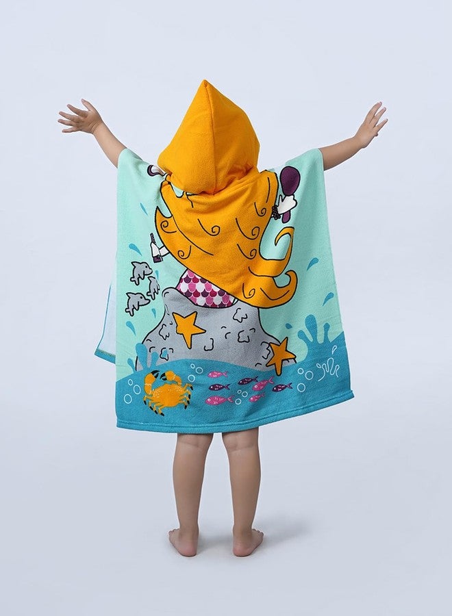 Yellow Bee Mermaid Hooded Poncho Towel for Girls (250 GSM)- Aqua, Yellow, Blue, Pink, 3-7 Years - Image 2