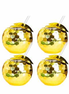 Disco Ball Cups 4 Pieces Tumbler Flash Drinks Cup with Lid and Straw Party Supplies Drink Syrup Tea Bottle, for Decorations (Gold)