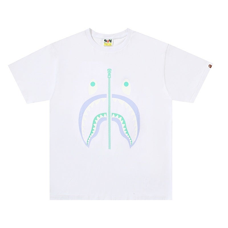 Japanese Trendy Brand Bape Luminous Camouflage Embroidered Shark Print Short-Sleeved T-Shirt For Men And Women Loose Half-Sleeved Shirt - Image 1