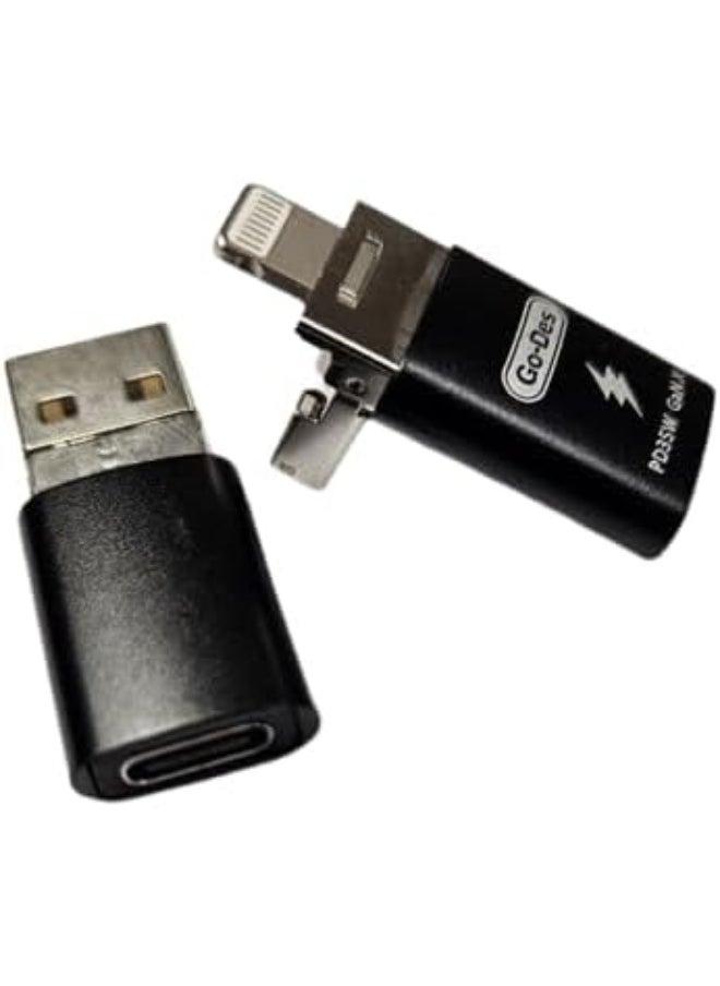 3-in-1 OTG Adapter – Type-C to USB-A 3.0 + Lightning Charging Port – PD 30W Fast Charging – Compact Converter for Laptops, Tablets, and Smartphones