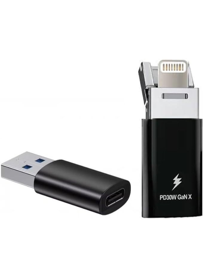 3-in-1 OTG Adapter – Type-C to USB-A 3.0 + Lightning Charging Port – PD 30W Fast Charging – Compact Converter for Laptops, Tablets, and Smartphones
