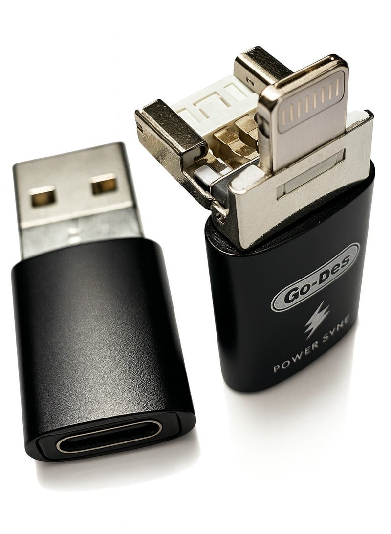 GO-DES 3-in-1 OTG Adapter – Type-C to USB-A 3.0 + Lightning Charging Port – PD 30W Fast Charging – Compact Converter for Laptops, Tablets, and Smartphones - Image 2
