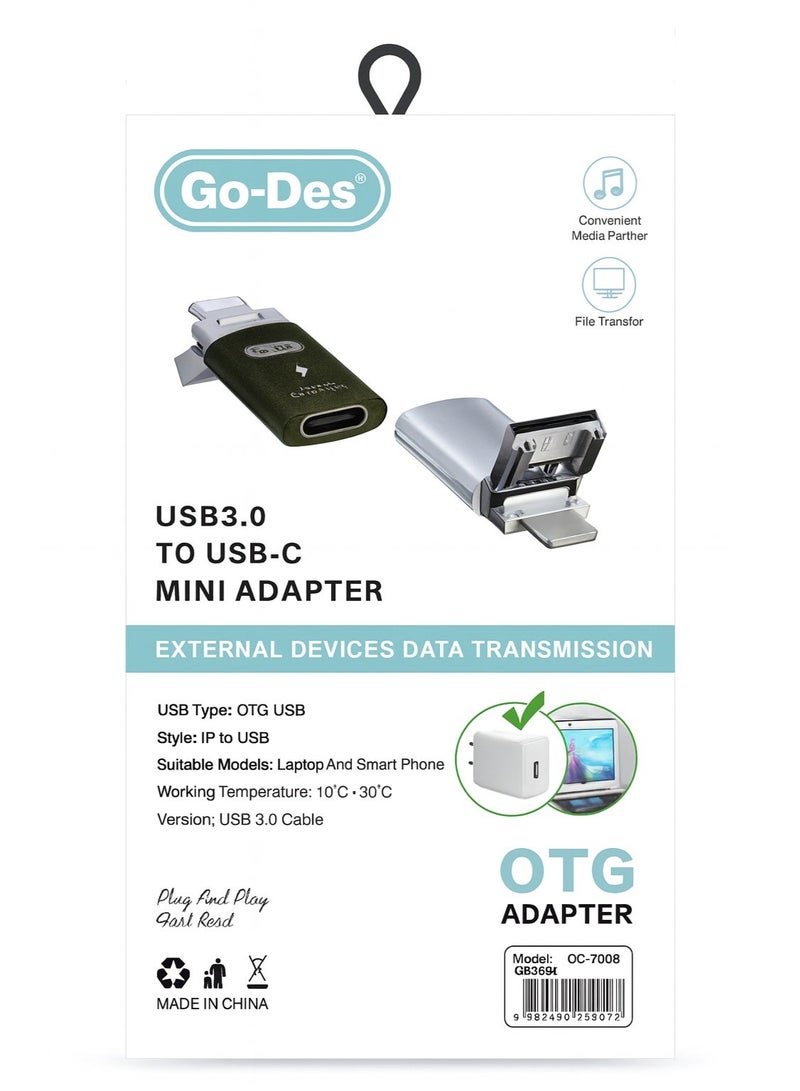 جو-ديز محول OTG صغير 3 في 1 – من مدخل سي الى منفذ يو أس بي + منفذ شحن لايتننج أبل – شحن سريع PD 30 واط  – محول صغير مدمج للأجهزة الذكية واللابتوبات - Image 1