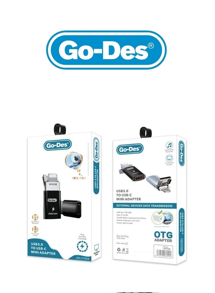 جو-ديز محول OTG صغير 3 في 1 – من مدخل سي الى منفذ يو أس بي + منفذ شحن لايتننج أبل – شحن سريع PD 30 واط  – محول صغير مدمج للأجهزة الذكية واللابتوبات - Image 2