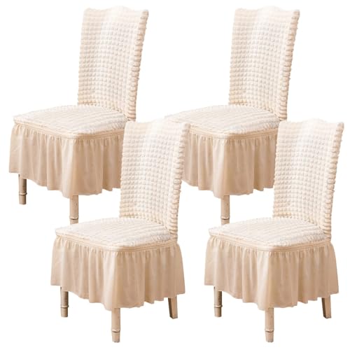 Qubjus Chair Covers for Dining Room Set of 4 Stretch Chair Slipcovers with Skirt Removable Washable Kitchen Chair Protector Cover Set for Home, Party, Wedding(Off-White, 4pcs) - Image 1